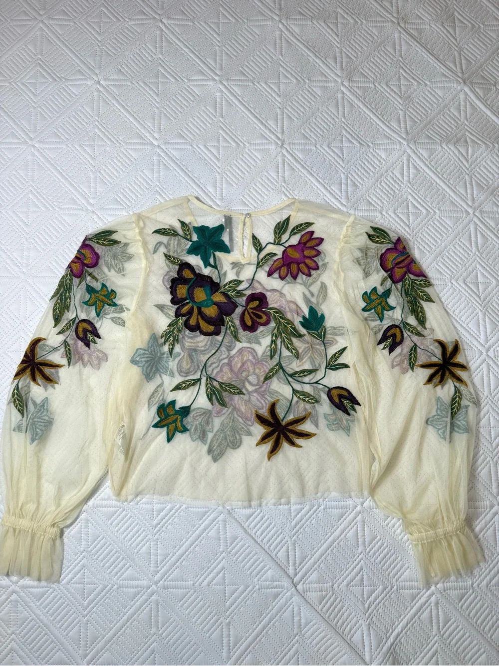 Anthropologie The Layla Floral Mesh Puff-Sleeve Appliqué Mesh Blouse Size XL
